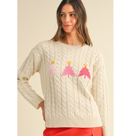 "The Cherish" Embroidery Trees Cable Knit Sweater - Picture 2 of 2